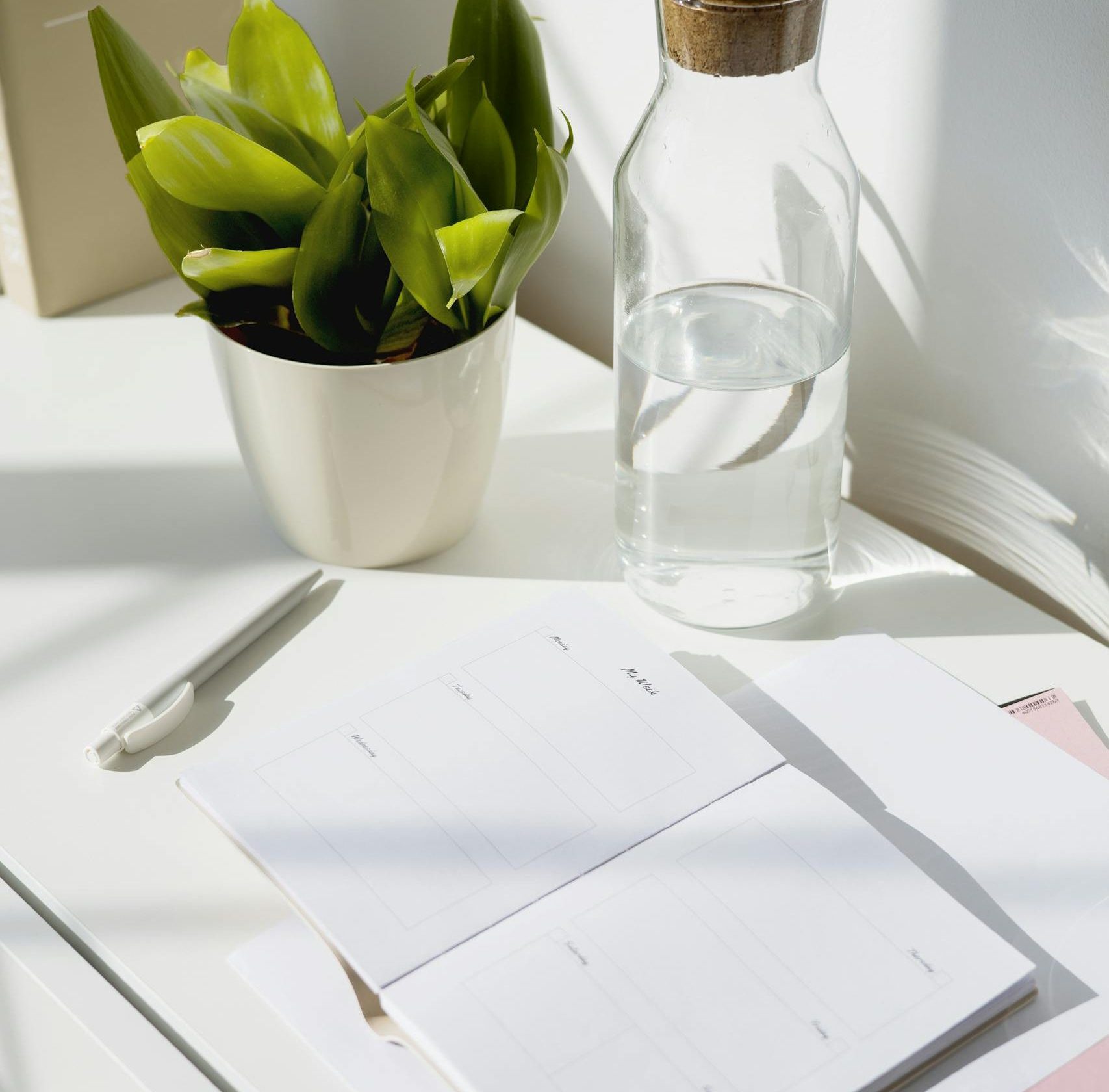 Bright minimalist workspace with a glass bottle, green plant, and planner on a white desk.
