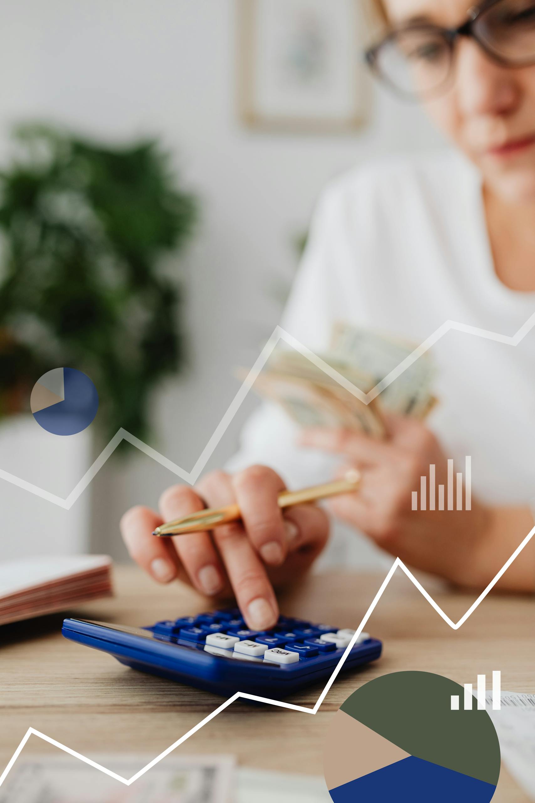 Woman using calculator with financial graph overlay, indicating data analysis and finance planning for bookkeeping services for small businesses